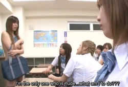 Reluctant Japanese nudist schoolgirl in class full of clothed students