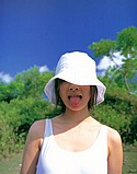 White summer hat on tongue in the air Minori Aoi